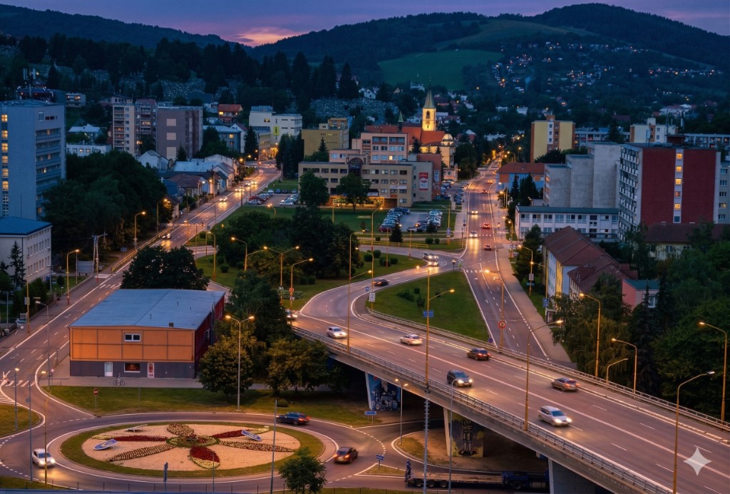 Humenné at dusk — the town served by Taxi Humenné
